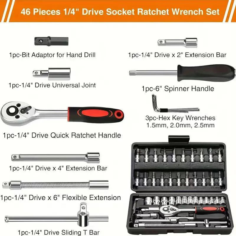 216/46 sets of mechanical tool sets, including 1/2", 1/4" and 3/8" drive SAE and metric sizes, ratchet wrench, multi-function sc