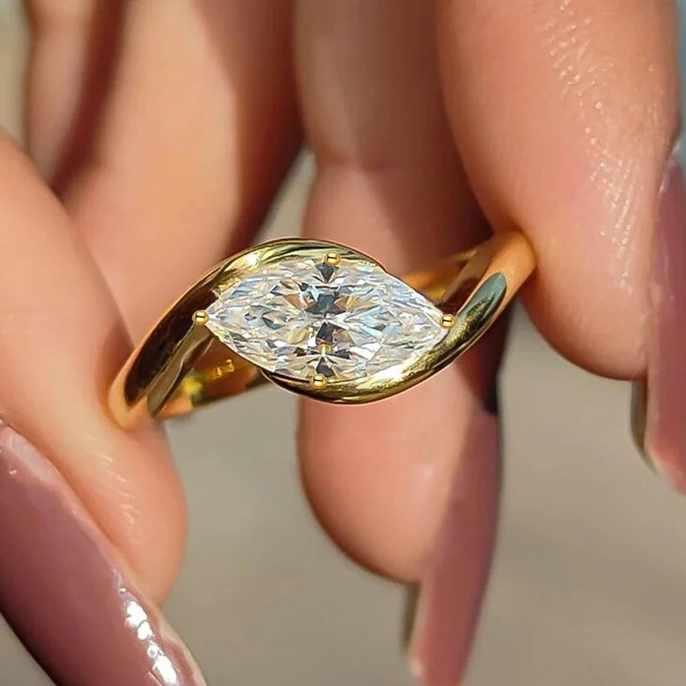 High Quality Marquise AAAA Zirconia Ring - Gold Solitaire Engagement Ring - Elegant Promise Ring for Women