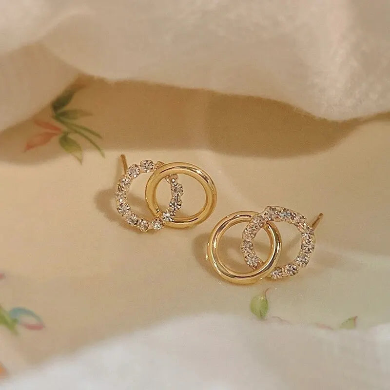 Gold Color Double Hoop Geometric Stud Earrings Sparkly Inlaid Rhinestone Earrings Female Fashion Light Luxury Ear Jewelry C