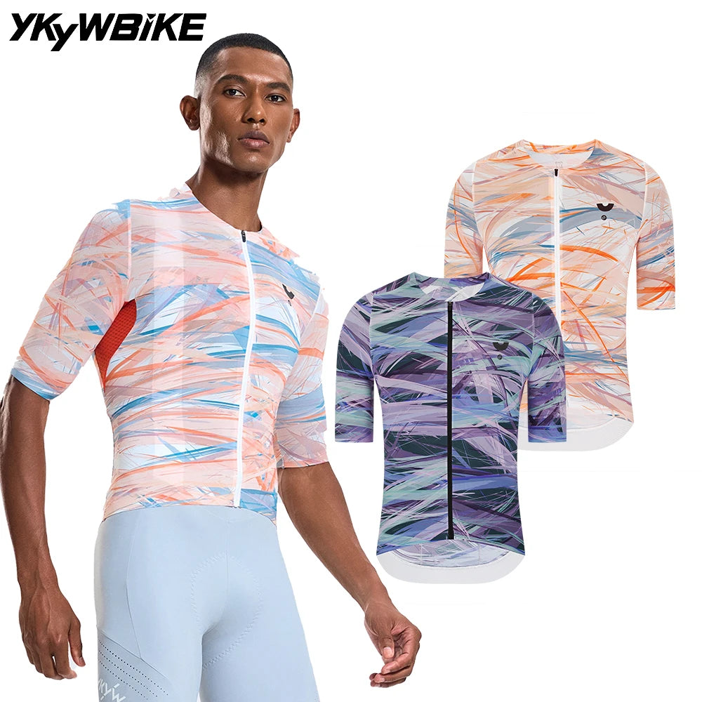 YKYW  Men's Cycling Jersey Collarless Soft Light Road Bike Tops Summer Breathable Maillot Short seamless Sleeve Shirt Slim Fit