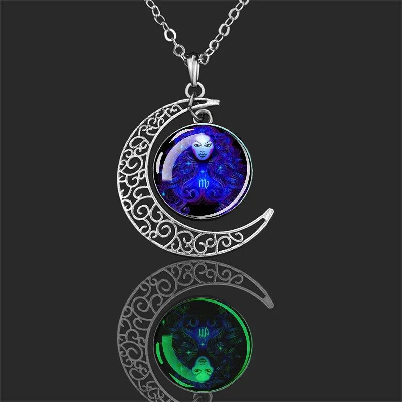 Luminous 12 Constellations Zodiac Signs Necklaces Crescent Moon Pendant Chains Necklace for Women and Men Birthday Jewelry Gifts