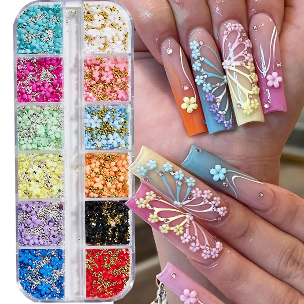 1box 3D Flower Bow Nail Art Decorations Kit Pink/White Acrylic Floral/Peal Beads Nail Charm with Wax Pen/Tweezer 4/6mm Nail Part