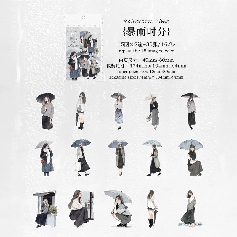 30 Sheets Girl Holding Umbrella in Rain Sticker Pack DIY Handmade Album Scrapbooking Decor Paper Supplies