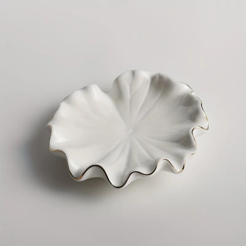 1pc Elegant White Ceramic Soap Dish with Golden Rim,Shell-Inspired Design, Round for Lotus Leaf Shape Holder