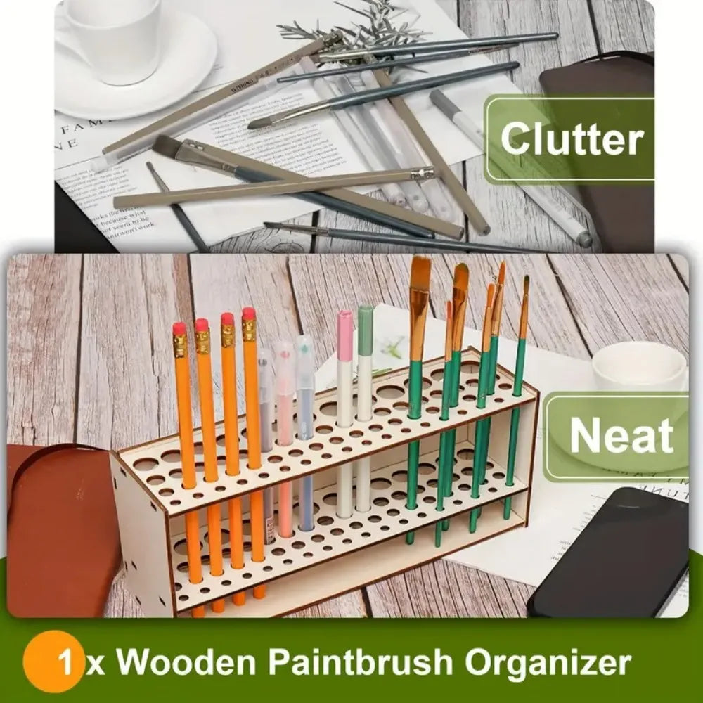 Wooden Brush Holder 67-Slot Premium Double-layer Durable Artist Desk Organizer Pencil Paint Brushes Storage Art Craft