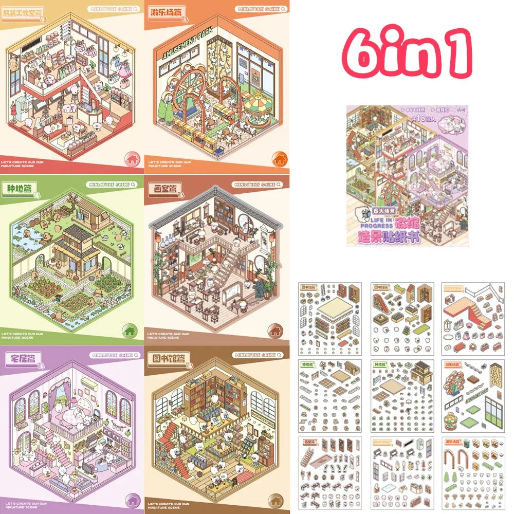 6Sences in 1 Book 2.5D Landscape Sticker Cartoon Cabin Scene DIY Sticker Stacking Pasting Festival Birthday Gift for Kid Child