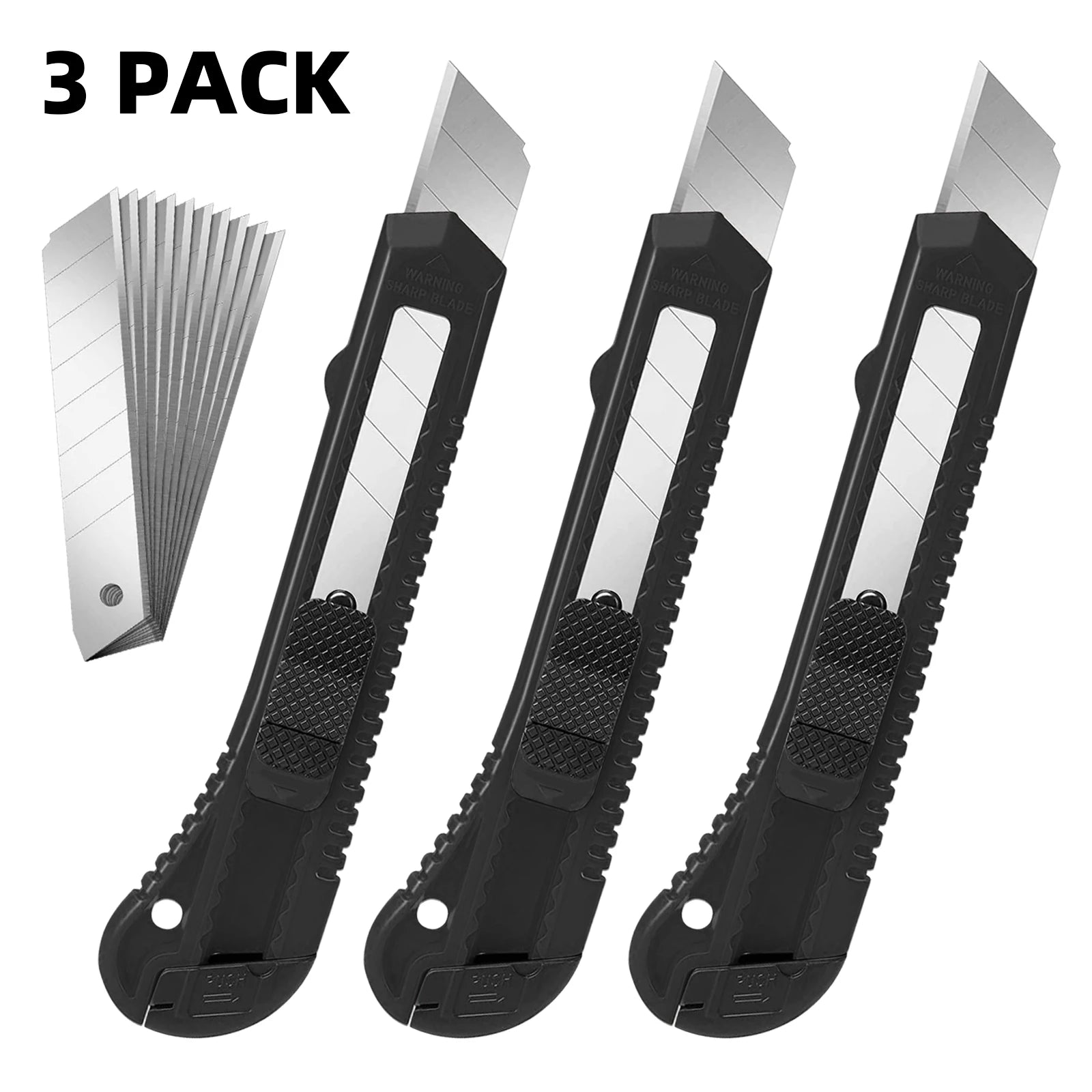 3 Pack Utility Knife Box Cutter Retractable, Compact Box Knife for Cartons, Cardboard and Boxes, with 10 Piece 18mm Wider