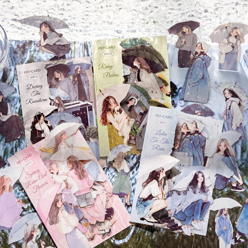 30 Sheets Girl Holding Umbrella in Rain Sticker Pack DIY Handmade Album Scrapbooking Decor Paper Supplies