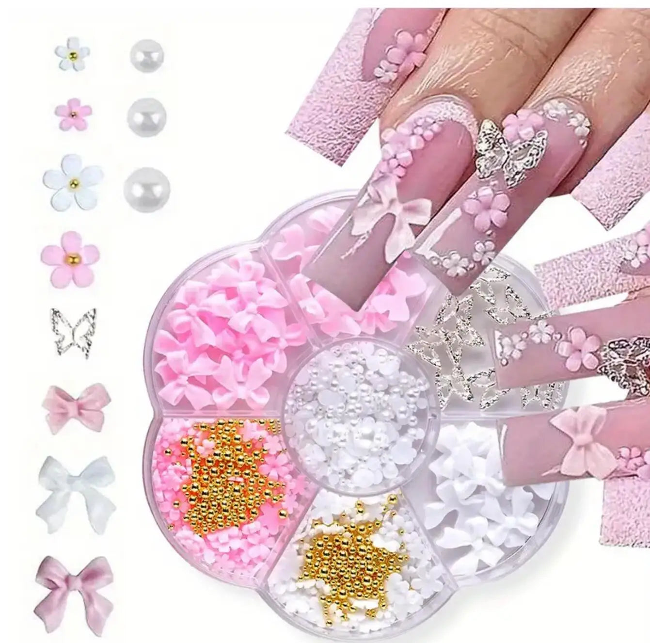 1box 3D Flower Bow Nail Art Decorations Kit Pink/White Acrylic Floral/Peal Beads Nail Charm with Wax Pen/Tweezer 4/6mm Nail Part