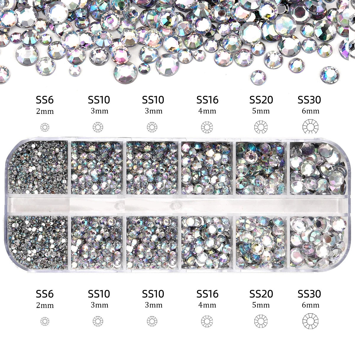 Nail Art Rhinestones Kit 2400pcs Nail Gems Ab Flatback Rhinestones Gems Stones with Storage Organizer for Design Bright Holiday