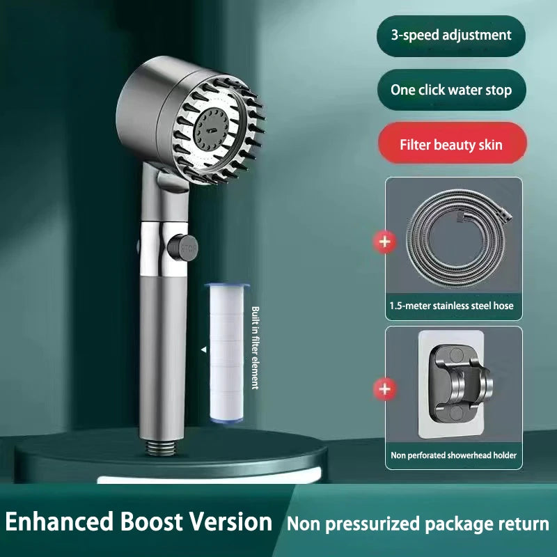 High Pressurized Filter Shower Head 3-mode Adjustable Spray With Massage Brush Rain Faucet Shower Set Bathroom Accessory