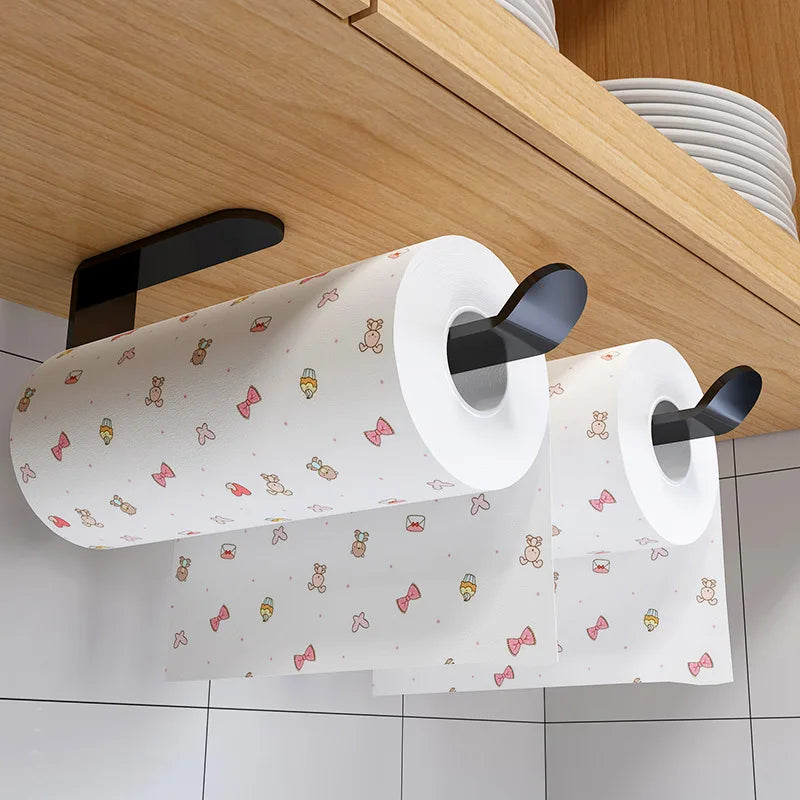 Space Saving Self Adhesive Wall Mounted Tissue Holder Kitchen Storage Organizer Dual Purpose Toilet Paper Hand Towels No Drill