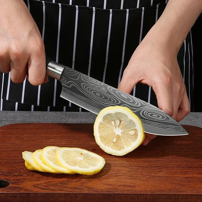 Utility Stainless Steel Sharp Slicing Chef Knife Kitchen Knives Scissors Sharpening Rod Set Laser Damascus Pattern Cooking Tool