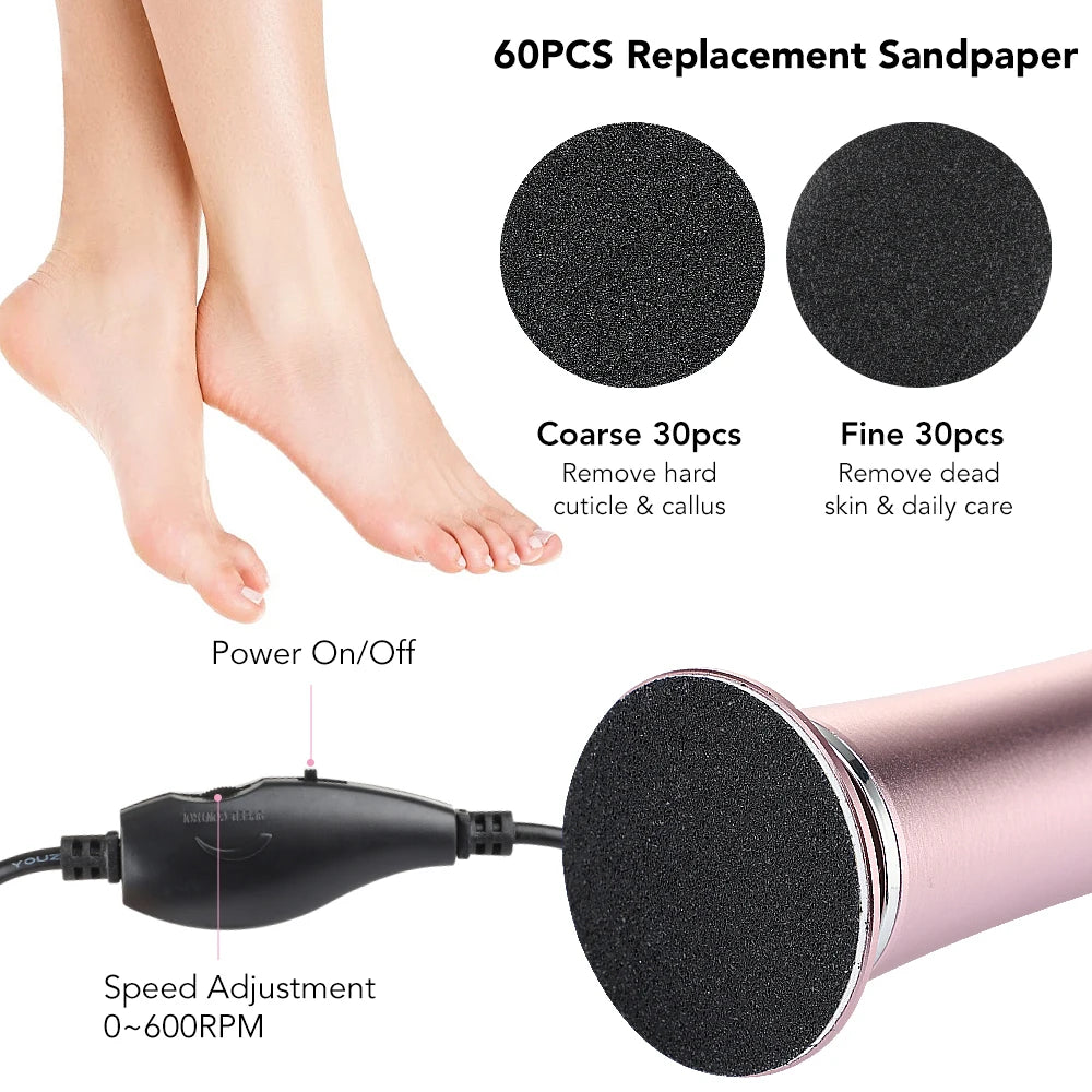Professional Electric Foot Callus Remover – Pedicure Tool for Dead Skin & Heels, 60 Discs