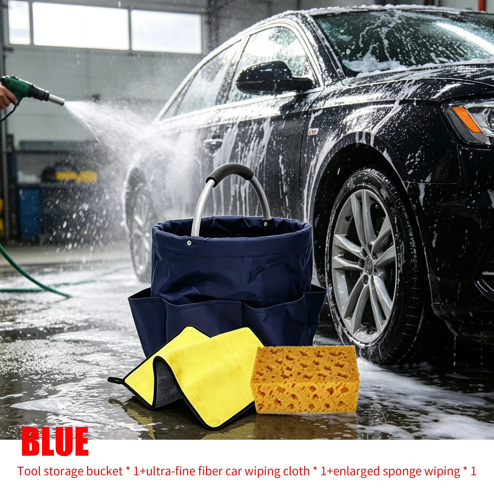 1Set Car Wash Kit: Foldable Tool Bucket, Thick Sponge Wipe, Microfiber Absorbent Towel, Household Auto Cleaning Accessory