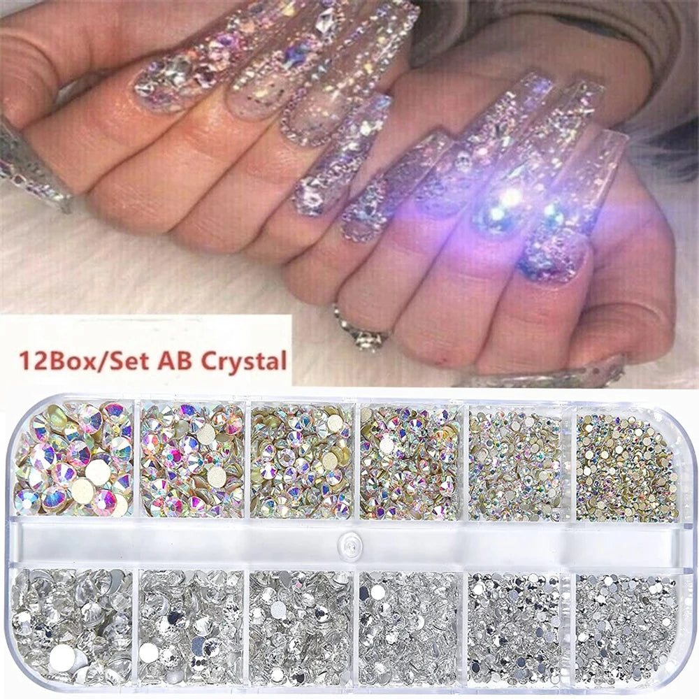 Nail Art Rhinestones Kit 2400pcs Nail Gems Ab Flatback Rhinestones Gems Stones with Storage Organizer for Design Bright Holiday