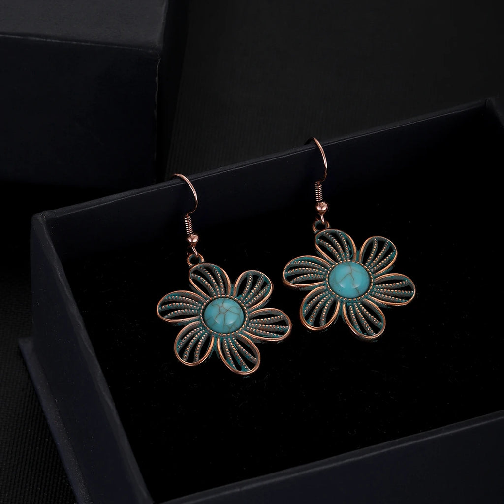 Antique New Blue Stone Turquoise Earring for Women Boho Fashion Bronze Geometric Water Drop Flower Dangle Earrings Jhumka