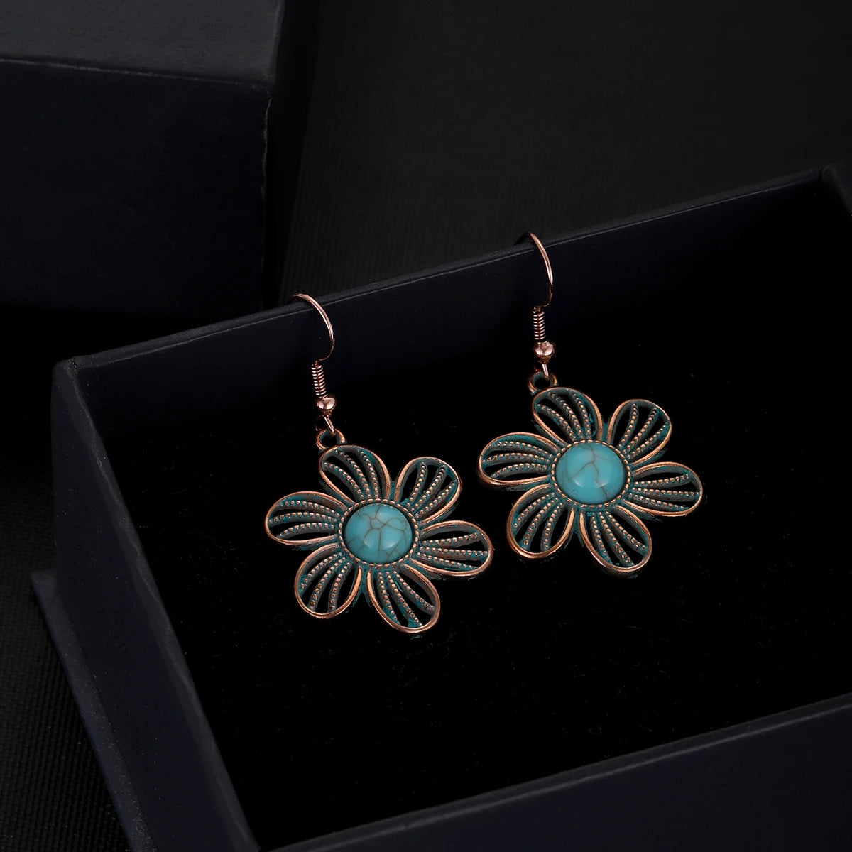 Antique New Blue Stone Turquoise Earring for Women Boho Fashion Bronze Geometric Water Drop Flower Dangle Earrings Jhumka
