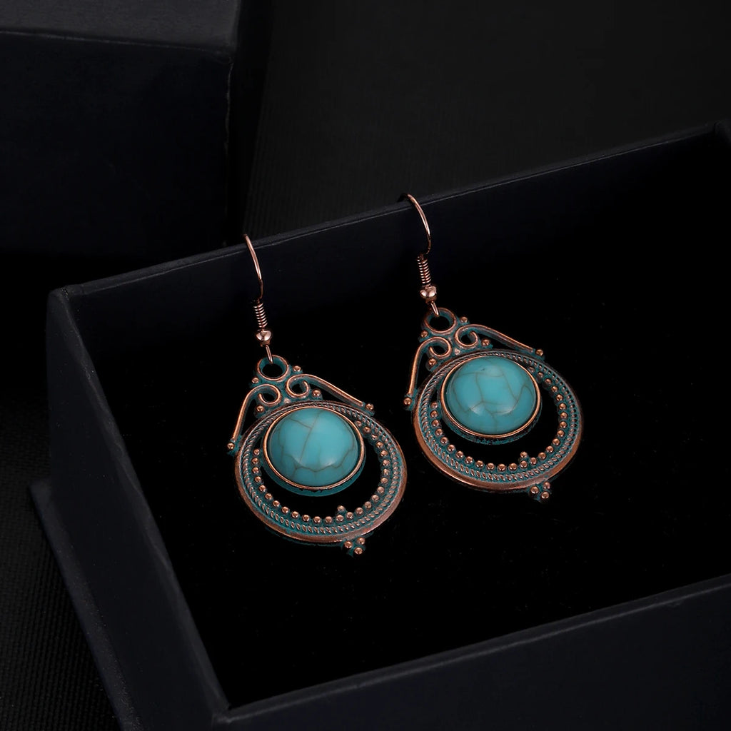 Antique New Blue Stone Turquoise Earring for Women Boho Fashion Bronze Geometric Water Drop Flower Dangle Earrings Jhumka
