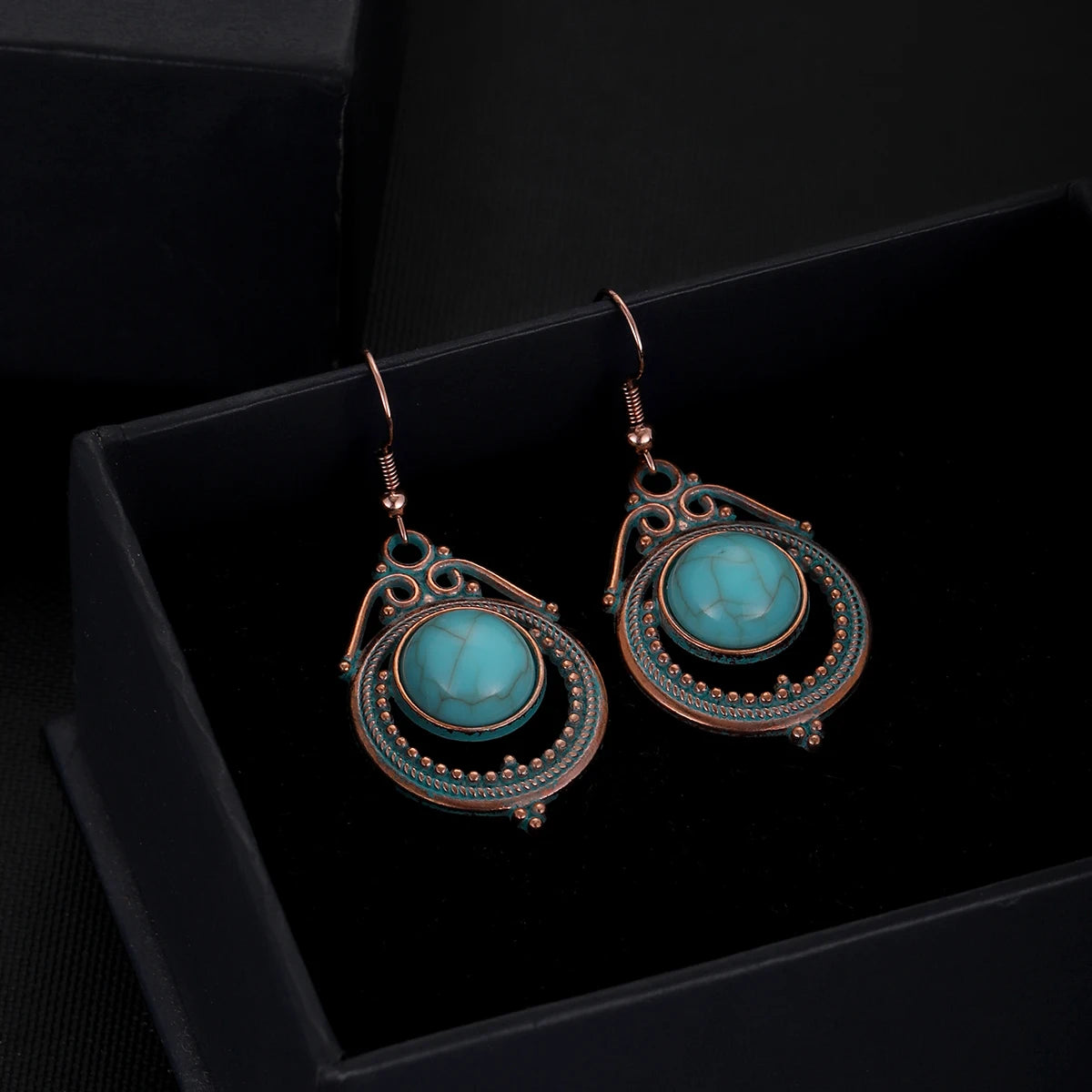Antique New Blue Stone Turquoise Earring for Women Boho Fashion Bronze Geometric Water Drop Flower Dangle Earrings Jhumka