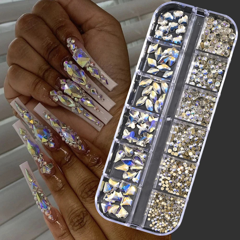 Nail Art Rhinestones Kit 2400pcs Nail Gems Ab Flatback Rhinestones Gems Stones with Storage Organizer for Design Bright Holiday
