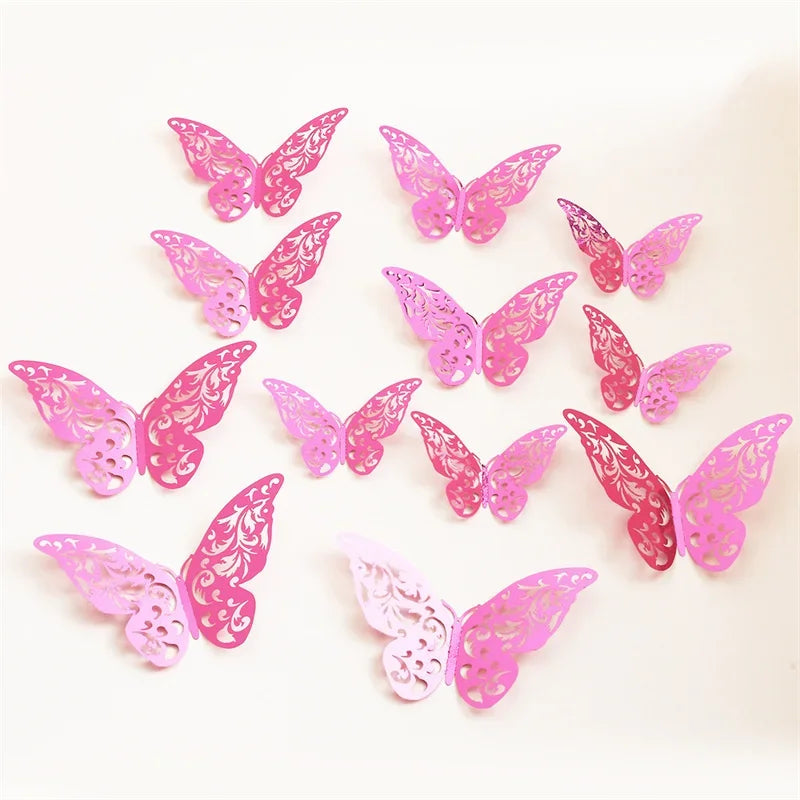 12Pcs Butterfly Decoration Wall Stickers Black Red Pink Blue Hollow 3D Butterflies Kids Room Home Cake Wedding Party Decoration
