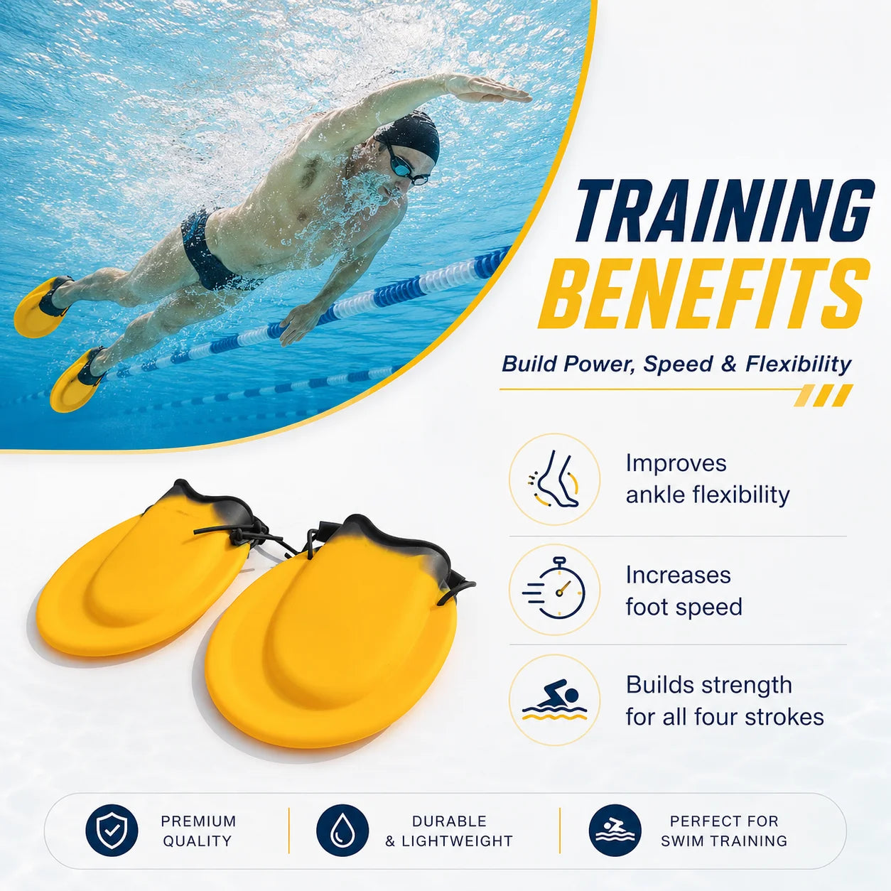 Swim Training Fins for All Strokes Ergonomic Fit Adjustable Heel Strap Comfortable Swimming Gear