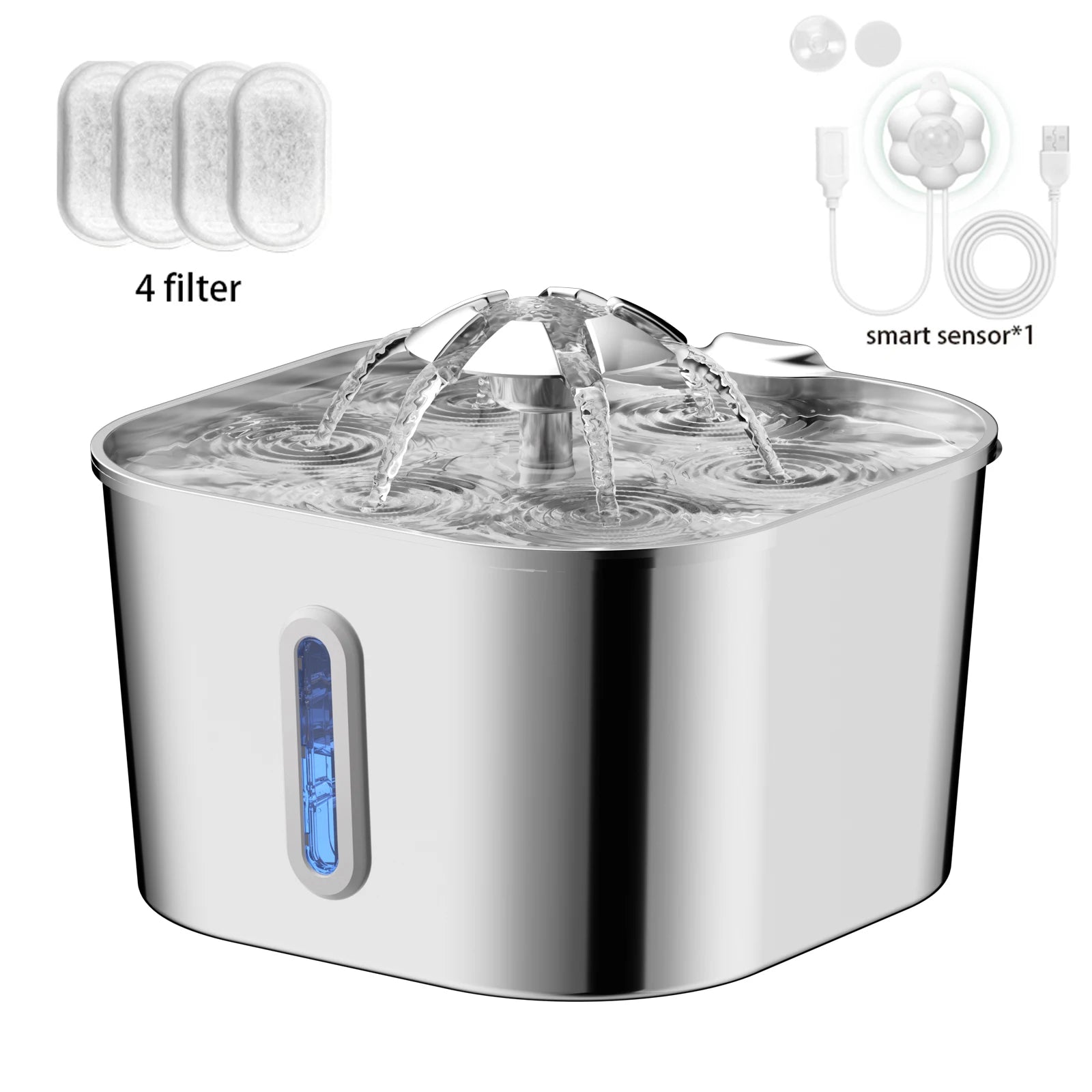 2.2L/74OZ Automatic Cat Fountain Stainless Steel Pet Water Dispenser Silent Water Pump Circulation Filtering Visual Window
