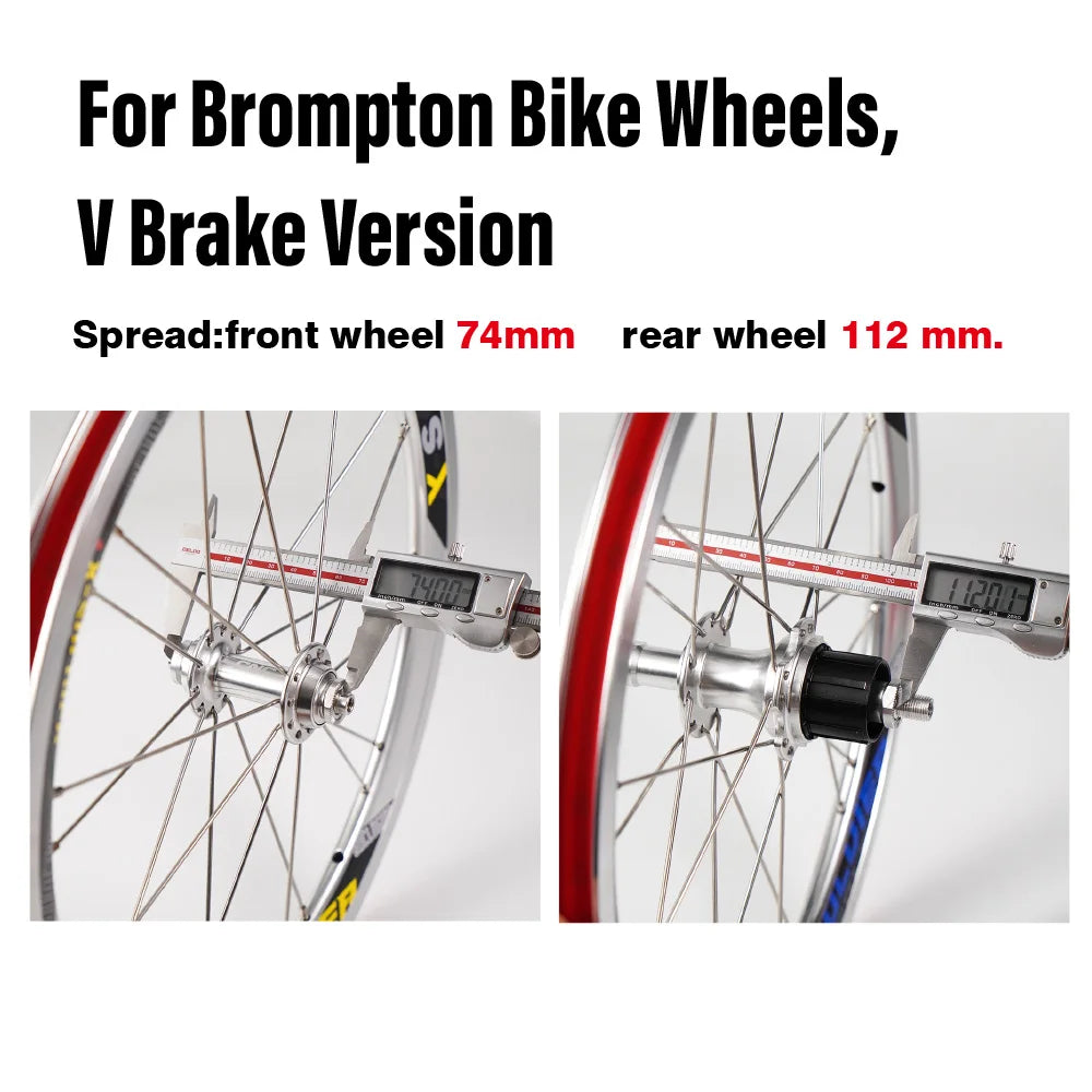 CNC Bicycle Wheelset For Brompton Bike V Brake Wheels, 16" 349 Front 74mm Rear 112mm, Compatible With SHIMANO/SRAM 9/10/11 Speed
