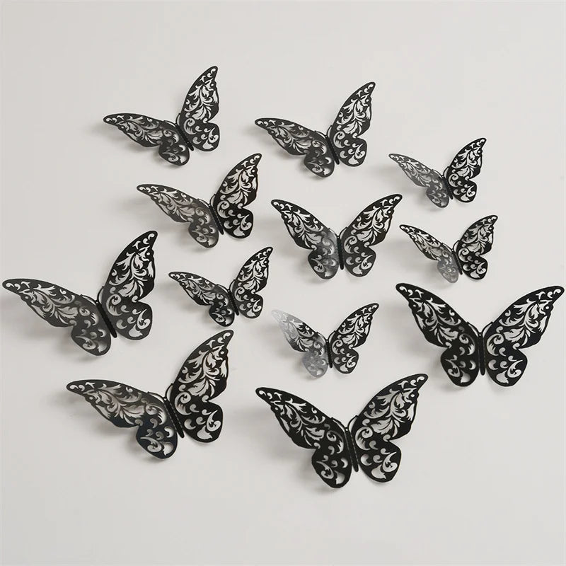 12Pcs Butterfly Decoration Wall Stickers Black Red Pink Blue Hollow 3D Butterflies Kids Room Home Cake Wedding Party Decoration