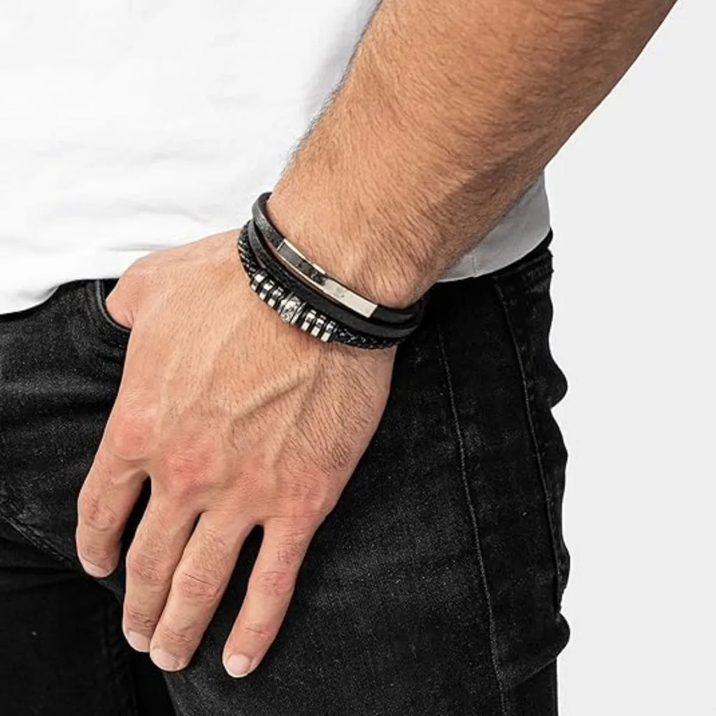 Trendy Leather Bracelets For Men Stainless Steel Bracelet 21CM Multilayer Braided Rope Bracelets for Male Jewelry Gifts