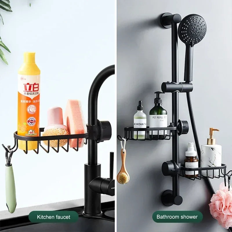 Adjustable Aluminum Bathroom Shower Shelf Rack – Wall Mount Basket for Shampoo, Soap and Towel Storage, Kitchen Sink Rag Holder