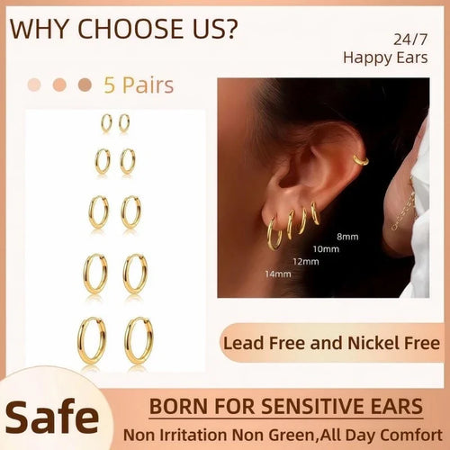 14K Gold Plated Huggie Hoop Earrings — 5-Pair Stack Set