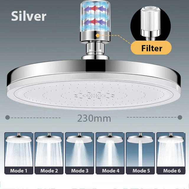 6 Modes Rainfall Shower Head Bathroom High Pressure Top Rain Shower Heads Shower Faucet Accessories With Filter