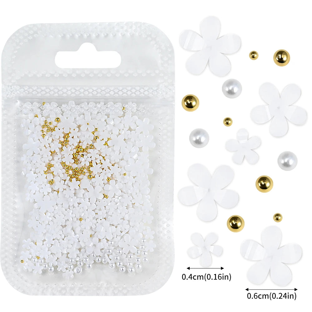 1box 3D Flower Bow Nail Art Decorations Kit Pink/White Acrylic Floral/Peal Beads Nail Charm with Wax Pen/Tweezer 4/6mm Nail Part