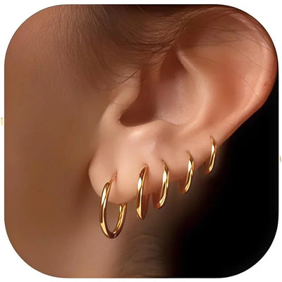14K Gold Plated Huggie Hoop Earrings — 5-Pair Stack Set