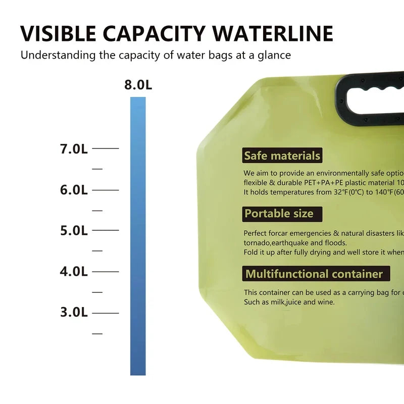 8L Large Capacity Thickened Folding Water Bag Food Grade Soft Portable Water Storage Bag for Outdoor Camping Hiking Travel Use