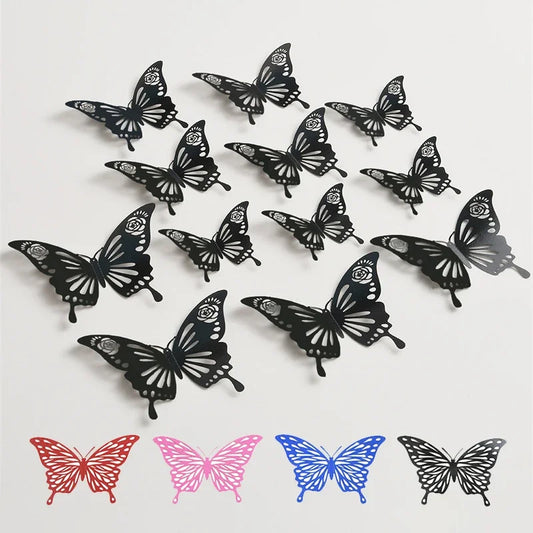 12Pcs Butterfly Decoration Wall Stickers Black Red Pink Blue Hollow 3D Butterflies Kids Room Home Cake Wedding Party Decoration