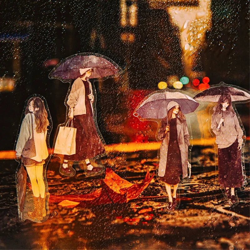 30 Sheets Girl Holding Umbrella in Rain Sticker Pack DIY Handmade Album Scrapbooking Decor Paper Supplies