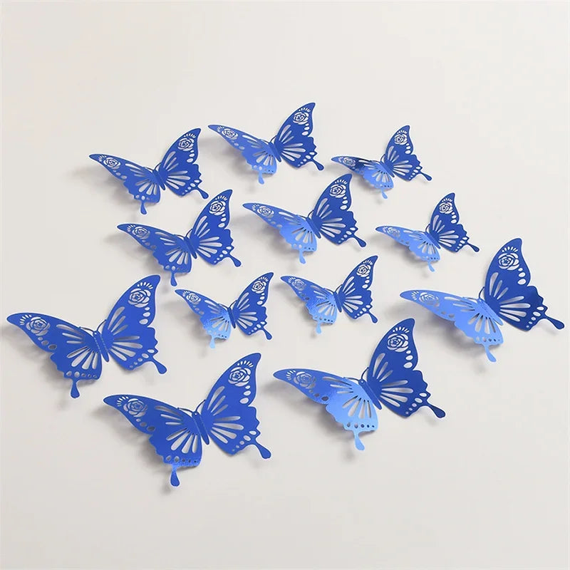 12Pcs Butterfly Decoration Wall Stickers Black Red Pink Blue Hollow 3D Butterflies Kids Room Home Cake Wedding Party Decoration