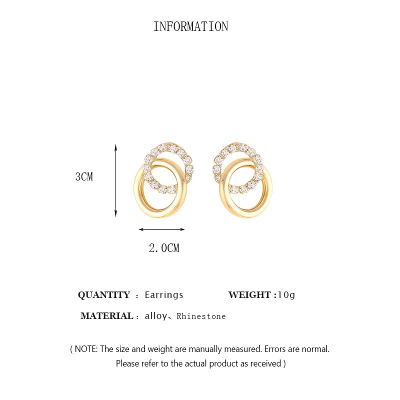 Gold Color Double Hoop Geometric Stud Earrings Sparkly Inlaid Rhinestone Earrings Female Fashion Light Luxury Ear Jewelry C