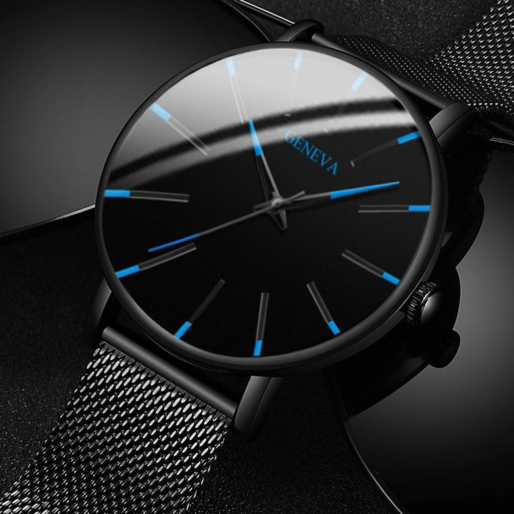 Minimalist Geneva Watch for Men Large Round Dial Mesh Strap Water Resistant Business Casual Quartz Wristwatch