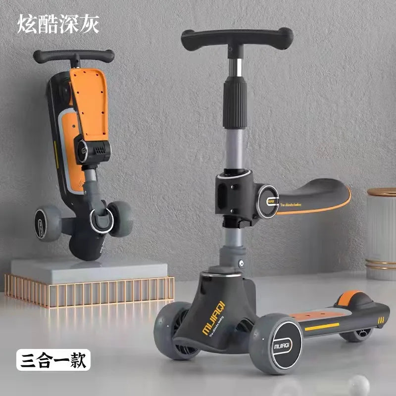 Scooter for children aged 1-3 to 12 years old, three in one for boys, girls, and babies. Can be seated or ridden