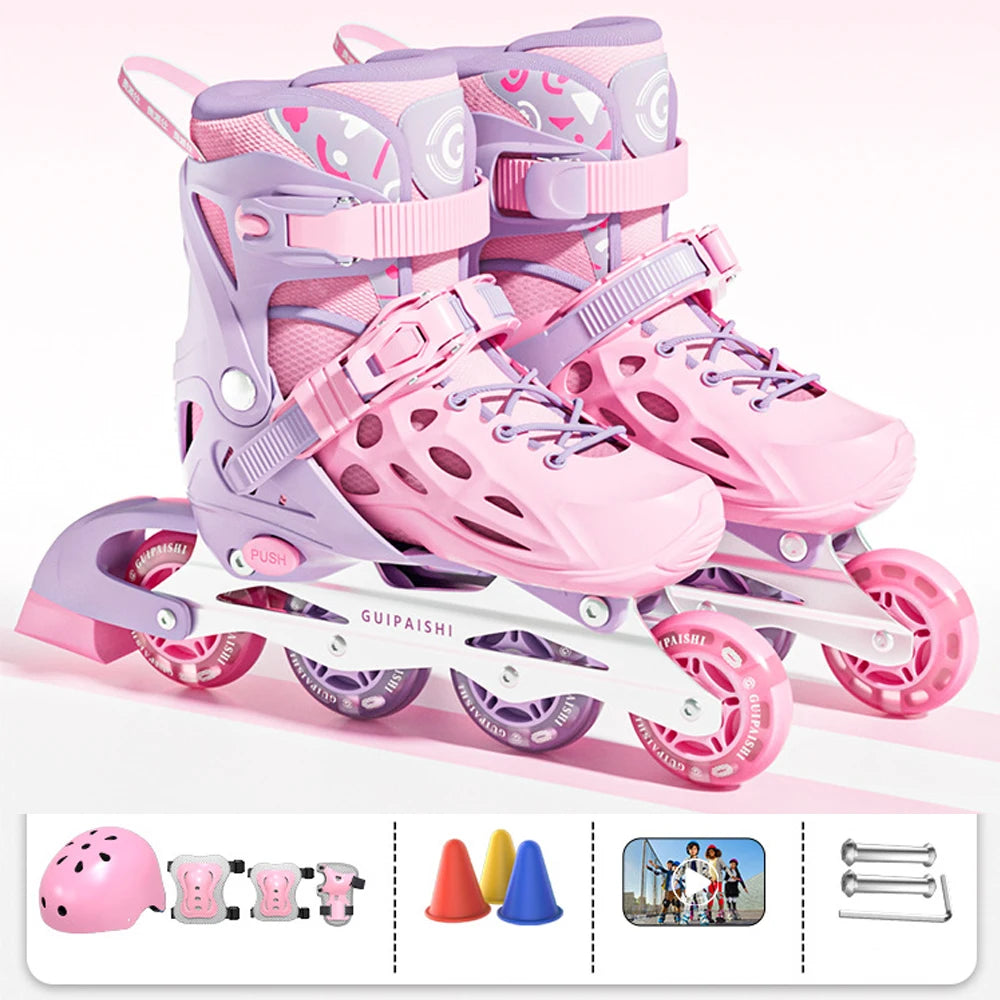 Inline Roller Skates With Helmet, Elbow And Knee Pads Shoe Bag Set Flash 4 Wheels Sneakers For Boys Girls Adjustable Skate Shoes
