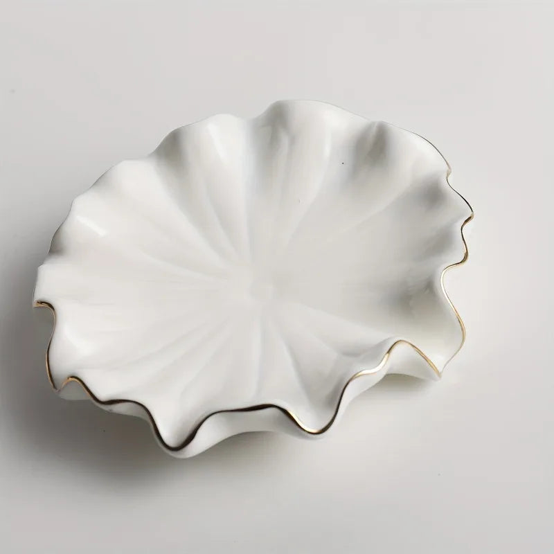 1pc Elegant White Ceramic Soap Dish with Golden Rim,Shell-Inspired Design, Round for Lotus Leaf Shape Holder
