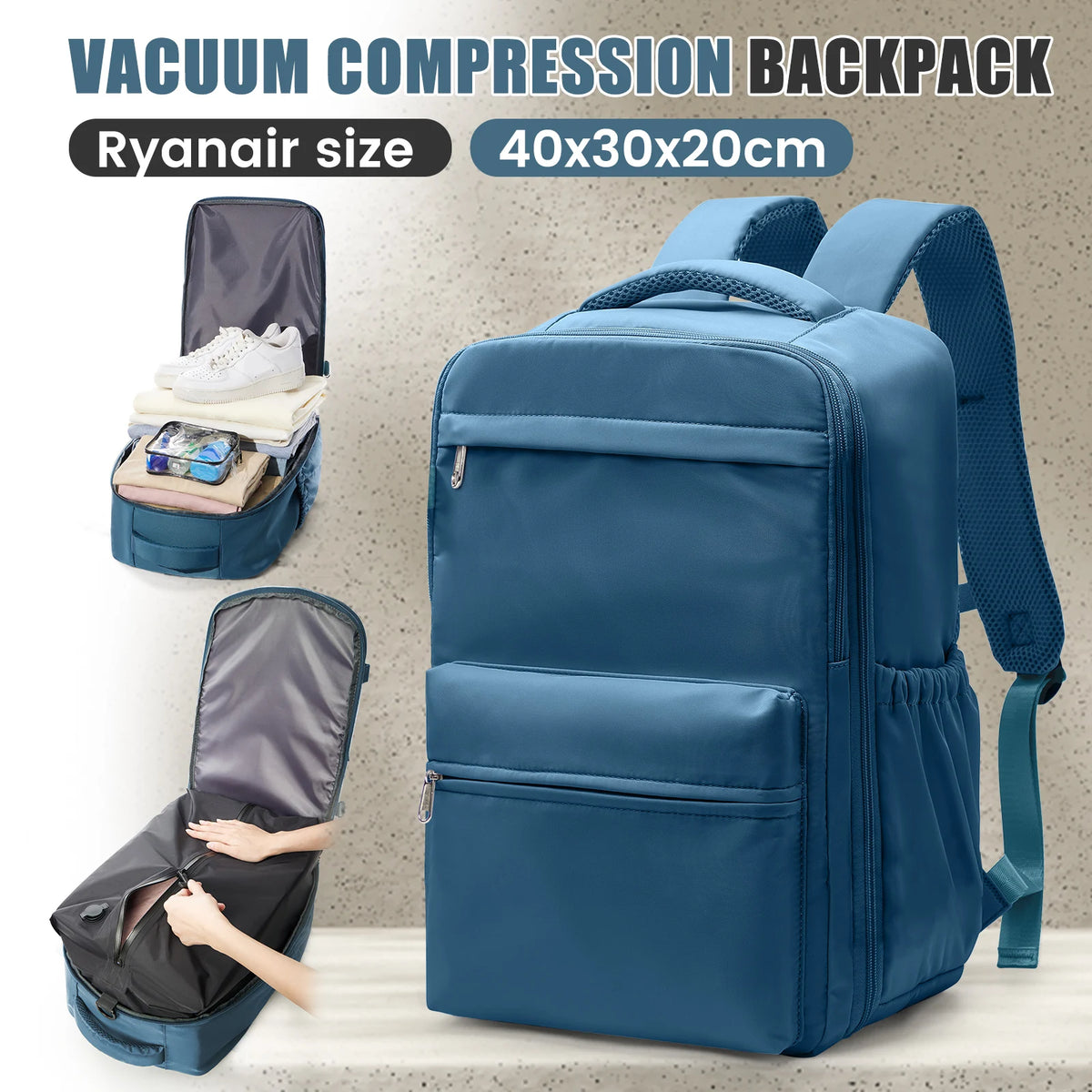 Ryanair 40x30x20 Travel Backpack Vacuum Compression Backpack with Pump,  Wizzair Cabin Bag 15.6" Laptop Travel Bag，Storage Bag