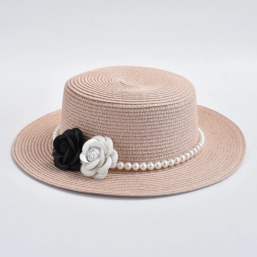 Straw Hats for Women French Style Elegant Holidays Boater Hat Summer Flat Top Beach Sun Hats Gorro