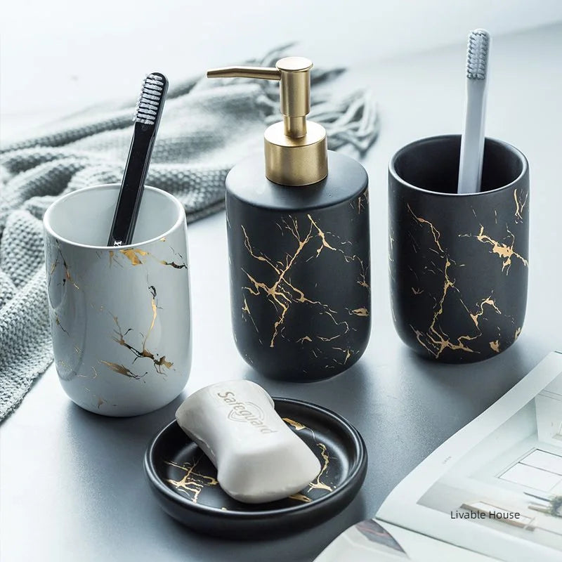 Marble Soap Dispenser Pump Bottle Ceramic Bathroom Accessory Set  Home Couple Mouthwash Cup Soap Dish Washing Tools Luxury