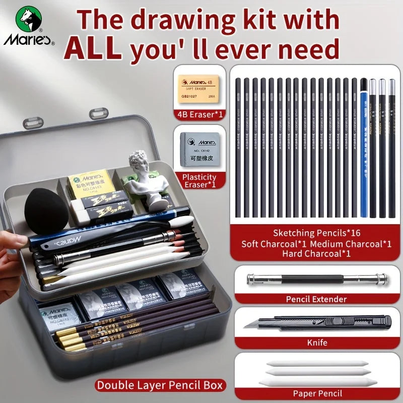 Marie's Pencil Set with Double Layer Box with Charcoal Graphite,Pencils,Erasers,Knife, for Painting,Writing for Adults(23/27pcs)