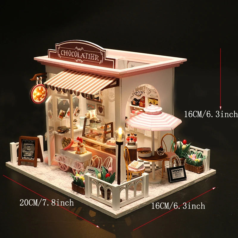 DIY 3D Puzzles Wooden Toy Miniature Dollhouse Handmade Doll House Model Building Kits Coffee House Toys For Xmas Gifts
